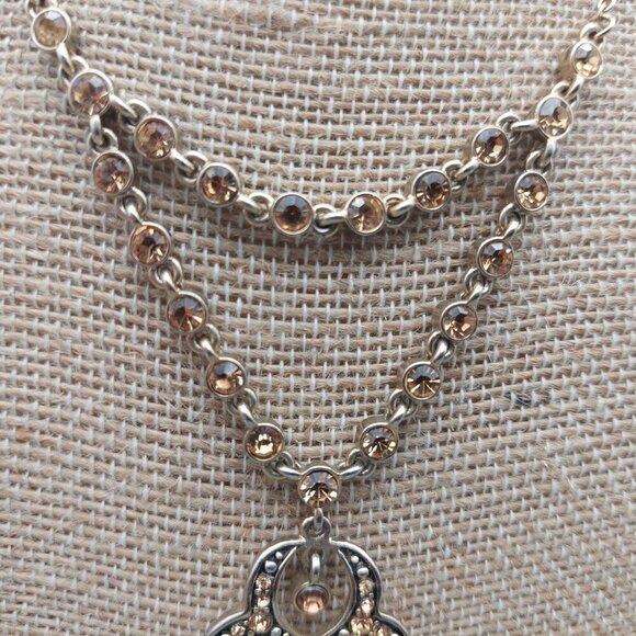 Cute Amber Glass Crystal Gold Tone Pendant Necklace Statement 18" Collar MINT - Picture 3 of 7